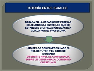 TUTORÍA ENTRE IGUALES

BASADA EN LA CREACIÓN DE PAREJAS
DE ALUMNOS/AS ENTRE LOS QUE SE
ESTABLECE UNA RELACIÓN DIDÁCTICA
GUIADA POR EL PROFESOR/A

UNO DE LOS COMPAÑEROS HACE EL
ROL DE TUTOR Y EL OTRO DE
TUTORADO
DIFERENTE NIVEL DE COMPETENCIA
SOBRE UN DETERMINADO CONTENIDO
CURRICUALR

 