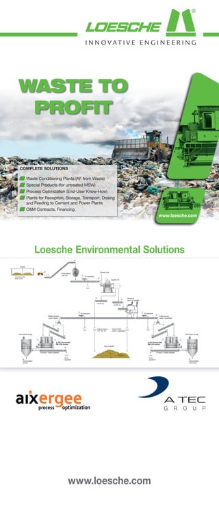 WASTE TO
PROFIT
Loesche Environmental Solutions
M
M
M
M
M
M
M
M
M
M
M
M
M
M
M
Unsorted waste
MSW 100%
Storage
Pre-shredding
<300 mm
FE-separation
Sewage sluge
Screening
wind / air classifier
FE-separation
Light fraction
paper / synthetics
Main burner
15 - 17 t/h
90 % < 30 mm
50 % < 10 mm
Conveyor - foreign materials
Heavy
separation
Heavy fraction
organic / aggregates
Organic fraction
<30 - 80 mm
Back to landfill
FE-separation
Middle fraction
wood / textile
A TEC Rocket Mill
RM 2.50 double
A TEC Rocket Mill
RM 2.50 double
Calciner
21 - 23 t/h
90 % < 50 mm
50 % < 15 mm
to
Dosing system
calciner
Conveyor - foreign materials
Heavy
separation to
Dosing system
main burner
Intermediate storage Intermediate storage
<30-80 mm
>30-80 mm
Cascade mill
COMPLETE SOLUTIONS
Waste Conditioning Plants (AF from Waste)
Special Products (for untreated MSW)
Process Optimization (End-User Know-How)
Plants for Reception, Storage, Transport, Dosing
and Feeding to Cement and Power Plants
O&M Contracts, Financing
www.loesche.com
www.loesche.com
 