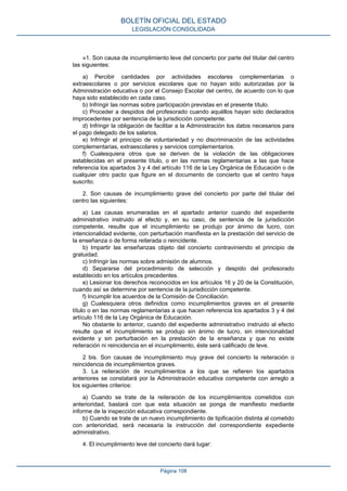 «1. Son causa de incumplimiento leve del concierto por parte del titular del centro
las siguientes:
a) Percibir cantidades por actividades escolares complementarias o
extraescolares o por servicios escolares que no hayan sido autorizadas por la
Administración educativa o por el Consejo Escolar del centro, de acuerdo con lo que
haya sido establecido en cada caso.
b) Infringir las normas sobre participación previstas en el presente título.
c) Proceder a despidos del profesorado cuando aquéllos hayan sido declarados
improcedentes por sentencia de la jurisdicción competente.
d) Infringir la obligación de facilitar a la Administración los datos necesarios para
el pago delegado de los salarios.
e) Infringir el principio de voluntariedad y no discriminación de las actividades
complementarias, extraescolares y servicios complementarios.
f) Cualesquiera otros que se deriven de la violación de las obligaciones
establecidas en el presente título, o en las normas reglamentarias a las que hace
referencia los apartados 3 y 4 del artículo 116 de la Ley Orgánica de Educación o de
cualquier otro pacto que figure en el documento de concierto que el centro haya
suscrito.
2. Son causas de incumplimiento grave del concierto por parte del titular del
centro las siguientes:
a) Las causas enumeradas en el apartado anterior cuando del expediente
administrativo instruido al efecto y, en su caso, de sentencia de la jurisdicción
competente, resulte que el incumplimiento se produjo por ánimo de lucro, con
intencionalidad evidente, con perturbación manifiesta en la prestación del servicio de
la enseñanza o de forma reiterada o reincidente.
b) Impartir las enseñanzas objeto del concierto contraviniendo el principio de
gratuidad.
c) Infringir las normas sobre admisión de alumnos.
d) Separarse del procedimiento de selección y despido del profesorado
establecido en los artículos precedentes.
e) Lesionar los derechos reconocidos en los artículos 16 y 20 de la Constitución,
cuando así se determine por sentencia de la jurisdicción competente.
f) Incumplir los acuerdos de la Comisión de Conciliación.
g) Cualesquiera otros definidos como incumplimientos graves en el presente
título o en las normas reglamentarias a que hacen referencia los apartados 3 y 4 del
artículo 116 de la Ley Orgánica de Educación.
No obstante lo anterior, cuando del expediente administrativo instruido al efecto
resulte que el incumplimiento se produjo sin ánimo de lucro, sin intencionalidad
evidente y sin perturbación en la prestación de la enseñanza y que no existe
reiteración ni reincidencia en el incumplimiento, éste será calificado de leve.
2 bis. Son causas de incumplimiento muy grave del concierto la reiteración o
reincidencia de incumplimientos graves.
3. La reiteración de incumplimientos a los que se refieren los apartados
anteriores se constatará por la Administración educativa competente con arreglo a
los siguientes criterios:
a) Cuando se trate de la reiteración de los incumplimientos cometidos con
anterioridad, bastará con que esta situación se ponga de manifiesto mediante
informe de la inspección educativa correspondiente.
b) Cuando se trate de un nuevo incumplimiento de tipificación distinta al cometido
con anterioridad, será necesaria la instrucción del correspondiente expediente
administrativo.
4. El incumplimiento leve del concierto dará lugar:
BOLETÍN OFICIAL DEL ESTADO
LEGISLACIÓN CONSOLIDADA
Página 108
 