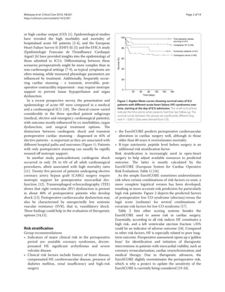Mebazaa et al. Critical Care 2010, 14:201                                                                                 Page 2 of 14
http://ccforum.com/content/14/2/201




or high cardiac output (CO) [1]. Epidemiological studies
have revealed the high morbidity and mortality of
hospitalised acute HF patients [2-4], and the European
Heart Failure Survey II (EHFS II) [5] and the EFICA study
(Epidémiologie Francaise de l’Insuﬃsance Cardiaque
Aiguë) [6] have provided insights into the epidemiology of
those admitted to ICUs. Diﬀerentiating between these
scenarios perioperatively might be more complex than in
non-cardiosurgical settings [7-9], as typical symptoms are
often missing, while measured physiologic parameters are
inﬂuenced by treatment. Additionally, frequently occur-
ring cardiac stunning - a transient, reversible, post-
operative contractility impairment - may require inotropic
support to prevent tissue hypoperfusion and organ
dysfunction.
  In a recent prospective survey, the presentation and          Figure 1. Kaplan Meier curves showing survival rates of ICU
epidemiology of acute HF were compared in a medical             patients with different acute heart failure (HF) syndromes over
and a cardiosurgical ICU [10]. The clinical course varied       time, starting at the day of ICU admission. The small vertical lines
                                                                indicate the time points when patients had their last follow-up. The
considerably in the three speciﬁed patient subgroups
                                                                survival curves between the groups are significantly different (log
(medical, elective and emergency cardiosurgical patients),      rank P < 0.001). Data were derived from [10].
with outcome mostly inﬂuenced by co-morbidities, organ
dysfunction, and surgical treatment options. The
distinction between cardiogenic shock and transient            • the EuroSCORE predicts perioperative cardiovascular
postoperative cardiac stunning - diagnosed in 45% of              alteration in cardiac surgery well, although in those
elective patients - is important as they are associated with      older than 80 years it overestimates mortality
diﬀerent hospital paths and outcomes (Figure 1). Patients      • B-type natriuretic peptide level before surgery is an
with only postoperative stunning can usually be rapidly           additional risk stratiﬁcation factor
weaned oﬀ inotropic support.                                   Risk stratiﬁcation is increasingly used in open-heart
  In another study, postcardiotomy cardiogenic shock           surgery to help adjust available resources to predicted
occurred in only 2% to 6% of all adult cardiosurgical          outcome. The latter is mostly calculated by the
procedures, albeit associated with high mortality rates        EuroSCORE (European System for Cardiac Operative
[11]. Twenty-ﬁve percent of patients undergoing elective       Risk Evaluation; Table 1) [16].
coronary artery bypass graft (CABG) surgery require              As the simple EuroSCORE sometimes underestimates
inotropic support for postoperative myocardial dys-            risk when certain combinations of risk factors co-exist, a
function [12]. Transesophageal echocardiography (TEE)          more complete logistical version has been developed,
shows that right ventricular (RV) dysfunction is present       resulting in more accurate risk prediction for particularly
in about 40% of postoperative patients who develop             high risk patients. Figure  2 depicts the predicted factors
shock [13]. Postoperative cardiovascular dysfunction may       of postoperative low CO syndrome (abscissa) versus the
also be characterised by unexpectedly low systemic             logit score (ordinate) for several combinations of
vascular resistance (SVR), that is, vasodilatory shock.        covariate risk factors for low CO syndrome [17].
These ﬁndings could help in the evaluation of therapeutic        Table  2 lists other scoring systems besides the
options [14,15].                                               EuroSCORE used to assess risk in cardiac surgery.
                                                               Essentially, according to all risk indices HF constitutes a
                                                               high risk, and a left ventricular ejection fraction ≤35%
Risk stratification                                            could be an indicator of adverse outcome [18]. Compared
Group recommendations                                          to other risk factors, HF is especially related to poor long-
• Indicators of major clinical risk in the perioperative       term outcome. Preoperative assessment opens up a ‘golden
  period are: unstable coronary syndromes, decom-              hour’ for identiﬁcation and initiation of therapeutic
  pensated HF, signiﬁcant arrhythmias and severe               interventions in patients with myocardial viability, such as
  valvular disease                                             coronary revascularization, cardiac resynchronization, and
• Clinical risk factors include history of heart disease,      medical therapy. Due to therapeutic advances, the
  compensated HF, cerebrovascular disease, presence of         EuroSCORE slightly overestimates the perioperative risk,
  diabetes mellitus, renal insuﬃciency and high-risk           which is why a project to update the sensitivity of the
  surgery                                                      EuroSCORE is currently being considered [19-24].
 