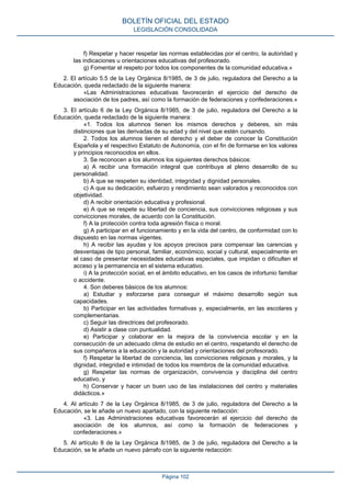 BOLETÍN OFICIAL DEL ESTADO
LEGISLACIÓN CONSOLIDADA

f) Respetar y hacer respetar las normas establecidas por el centro, la autoridad y
las indicaciones u orientaciones educativas del profesorado.
g) Fomentar el respeto por todos los componentes de la comunidad educativa.»
2. El artículo 5.5 de la Ley Orgánica 8/1985, de 3 de julio, reguladora del Derecho a la
Educación, queda redactado de la siguiente manera:
«Las Administraciones educativas favorecerán el ejercicio del derecho de
asociación de los padres, así como la formación de federaciones y confederaciones.»
3. El artículo 6 de la Ley Orgánica 8/1985, de 3 de julio, reguladora del Derecho a la
Educación, queda redactado de la siguiente manera:
«1. Todos los alumnos tienen los mismos derechos y deberes, sin más
distinciones que las derivadas de su edad y del nivel que estén cursando.
2. Todos los alumnos tienen el derecho y el deber de conocer la Constitución
Española y el respectivo Estatuto de Autonomía, con el fin de formarse en los valores
y principios reconocidos en ellos.
3. Se reconocen a los alumnos los siguientes derechos básicos:
a) A recibir una formación integral que contribuya al pleno desarrollo de su
personalidad.
b) A que se respeten su identidad, integridad y dignidad personales.
c) A que su dedicación, esfuerzo y rendimiento sean valorados y reconocidos con
objetividad.
d) A recibir orientación educativa y profesional.
e) A que se respete su libertad de conciencia, sus convicciones religiosas y sus
convicciones morales, de acuerdo con la Constitución.
f) A la protección contra toda agresión física o moral.
g) A participar en el funcionamiento y en la vida del centro, de conformidad con lo
dispuesto en las normas vigentes.
h) A recibir las ayudas y los apoyos precisos para compensar las carencias y
desventajas de tipo personal, familiar, económico, social y cultural, especialmente en
el caso de presentar necesidades educativas especiales, que impidan o dificulten el
acceso y la permanencia en el sistema educativo.
i) A la protección social, en el ámbito educativo, en los casos de infortunio familiar
o accidente.
4. Son deberes básicos de los alumnos:
a) Estudiar y esforzarse para conseguir el máximo desarrollo según sus
capacidades.
b) Participar en las actividades formativas y, especialmente, en las escolares y
complementarias.
c) Seguir las directrices del profesorado.
d) Asistir a clase con puntualidad.
e) Participar y colaborar en la mejora de la convivencia escolar y en la
consecución de un adecuado clima de estudio en el centro, respetando el derecho de
sus compañeros a la educación y la autoridad y orientaciones del profesorado.
f) Respetar la libertad de conciencia, las convicciones religiosas y morales, y la
dignidad, integridad e intimidad de todos los miembros de la comunidad educativa.
g) Respetar las normas de organización, convivencia y disciplina del centro
educativo, y
h) Conservar y hacer un buen uso de las instalaciones del centro y materiales
didácticos.»
4. Al artículo 7 de la Ley Orgánica 8/1985, de 3 de julio, reguladora del Derecho a la
Educación, se le añade un nuevo apartado, con la siguiente redacción:
«3. Las Administraciones educativas favorecerán el ejercicio del derecho de
asociación de los alumnos, así como la formación de federaciones y
confederaciones.»
5. Al artículo 8 de la Ley Orgánica 8/1985, de 3 de julio, reguladora del Derecho a la
Educación, se le añade un nuevo párrafo con la siguiente redacción:

Página 102

 
