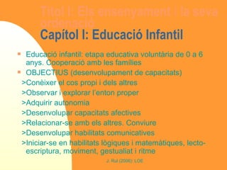 Titol I: Els ensenyament i la seva ordenació   Capítol I: Educació Infantil Educació infantil: etapa educativa voluntària de 0 a 6 anys. Cooperació amb les famílies  OBJECTIUS (desenvolupament de capacitats) >Conèixer el cos propi i dels altres >Observar i explorar l’enton proper >Adquirir autonomia >Desenvolupar capacitats afectives >Relacionar-se amb els altres. Conviure >Desenvolupar habilitats comunicatives >Iniciar-se en habilitats lògiques i matemàtiques, lecto-escriptura, moviment, gestualiat i ritme 