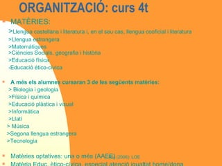 ORGANITZACIÓ: curs 4t  MATÈRIES:  > Llengua castellana i literatura i, en el seu cas, llengua cooficial i literatura >Llengua estrangera >Matemàtiques >Ciències Socials, geografia i història >Educació física -Educació ético-cívica A més els alumnes cursaran 3 de les següents matèries: > Biologia i geologia >Física i química >Educació plàstica i visual >Informàtica >Llatí > Música >Segona llengua estrangera >Tecnologia Matèries optatives: una o més (AAEE) Matèria Educ. ètico-cívica, especial atenció igualtat home/dona AAEE podran incloure 2a llengua estrangera com. a matèria troncal A totes matèries: comprensió oral i escrita, TIC, valors, audiovisual Programes de reforçament Caràcter orientador: estudis postobligatoris i vida laboral. Organit. matèries 
