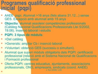 Programes qualificació professional inicial  (pqpi) AAEE  pqpi. Alumnat >16 anys (fets abans 31.12...) sense GES. Excepció amb alumnat amb 15 anys Objectiu : alumnat assoleixi competències professionals (Catàleg Nacional Qualificacions Professionals Llei 5/2002, 19.06). Inserció laboral i estudis  PQPI: 3 tipus de mòduls : >Del catàleg  >Generals: ampliar Cb i inserció laboral >Voluntari: obtenció GES (succesiu o simultani). Alumnat que superi mòduls obligatoris dels PQPI: certificació professional (relació amb el Sistema Nacional de Qualificacions i Formació professional Oferta PQPI: centres educatius, ajuntaments, associacions professionals, ONG, empresaris, sindicats (coord. AAEE) 