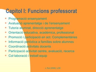 Programació ensenyament Avaluació aprenentatge i de l’ensenyament Tutoria alumnat, direcció aprenentatge Orientació educativa, acadèmica, professional Promoció i participació en act. Complementàries Informació periòdica a famílies sobre alumnes Coordinació activitats docents Participació activitat centre, avaluació, recerca Col·laboració i treball equip Títol III: Professorat Capítol I: Funcions professorat 