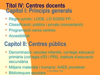 Títol IV:   Centres docents Capítol I: Principis generals  Règim jurídic: LODE, LO 5/2002 FP... Classificació: públics i privats (concertació) Programació xarxa centres Accesibilitat Capítol II: Centres públics  Denominació: escoles infantils, col·legis educació primària (col·legis d’EI i PRI), instituts d’educació secundària Mitjans materials i humans: AAEE proveiran  Biblioteques escolars 