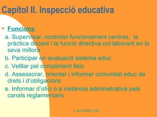 Capítol II. Inspecció educativa   Funcions : a. Supervisar, controlar funcionament centres,  la pràctica docent i la funció directiva col·laborant en la seva millora b. Participar en avaluació sistema educ c. Vetllar pel compliment lleis d. Assessorar, orientar i informar comunitat educ de drets i d’obligacions e. Informar d’ofici o a instància administrativa pels canals reglamentaris 