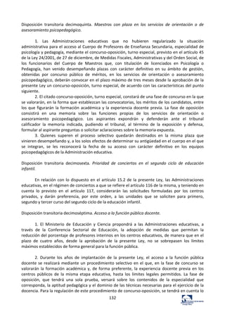 132	
  
Disposición	
   transitoria	
   decimoquinta.	
   Maestros	
   con	
   plaza	
   en	
   los	
   servicios	
   de	
   orientación	
   o	
   de	
  
asesoramiento	
  psicopedagógico.	
  	
  
	
  
1.	
   Las	
   Administraciones	
   educativas	
   que	
   no	
   hubieren	
   regularizado	
   la	
   situación	
  
administrativa	
  para	
  el	
  acceso	
  al	
  Cuerpo	
  de	
  Profesores	
  de	
  Enseñanza	
  Secundaria,	
  especialidad	
  de	
  
psicología	
  y	
  pedagogía,	
  mediante	
  el	
  concurso-­‐oposición,	
  turno	
  especial,	
  previsto	
  en	
  el	
  artículo	
  45	
  
de	
  la	
  Ley	
  24/2001,	
  de	
  27	
  de	
  diciembre,	
  de	
  Medidas	
  Fiscales,	
  Administrativas	
  y	
  del	
  Orden	
  Social,	
  de	
  
los	
   funcionarios	
   del	
   Cuerpo	
   de	
   Maestros	
   que,	
   con	
   titulación	
   de	
   licenciados	
   en	
   Psicología	
   o	
  
Pedagogía,	
   han	
   venido	
   desempeñando	
   plazas	
   con	
   carácter	
   definitivo	
   en	
   su	
   ámbito	
   de	
   gestión,	
  
obtenidas	
   por	
   concurso	
   público	
   de	
   méritos,	
   en	
   los	
   servicios	
   de	
   orientación	
   o	
   asesoramiento	
  
psicopedagógico,	
  deberán	
  convocar	
  en	
  el	
  plazo	
  máximo	
  de	
  tres	
  meses	
  desde	
  la	
  aprobación	
  de	
  la	
  
presente	
  Ley	
  un	
  concurso-­‐oposición,	
  turno	
  especial,	
  de	
  acuerdo	
  con	
  las	
  características	
  del	
  punto	
  
siguiente.	
  	
  
2.	
  El	
  citado	
  concurso-­‐oposición,	
  turno	
  especial,	
  constará	
  de	
  una	
  fase	
  de	
  concurso	
  en	
  la	
  que	
  
se	
  valorarán,	
  en	
  la	
  forma	
  que	
  establezcan	
  las	
  convocatorias,	
  los	
  méritos	
  de	
  los	
  candidatos,	
  entre	
  
los	
  que	
  figurarán	
  la	
  formación	
  académica	
  y	
  la	
  experiencia	
  docente	
  previa.	
  La	
  fase	
  de	
  oposición	
  
consistirá	
   en	
   una	
   memoria	
   sobre	
   las	
   funciones	
   propias	
   de	
   los	
   servicios	
   de	
   orientación	
   o	
  
asesoramiento	
   psicopedagógico.	
   Los	
   aspirantes	
   expondrán	
   y	
   defenderán	
   ante	
   el	
   tribunal	
  
calificador	
   la	
   memoria	
   indicada,	
   pudiendo	
   el	
   tribunal,	
   al	
   término	
   de	
   la	
   exposición	
   y	
   defensa,	
  
formular	
  al	
  aspirante	
  preguntas	
  o	
  solicitar	
  aclaraciones	
  sobre	
  la	
  memoria	
  expuesta.	
  	
  
3.	
   Quienes	
   superen	
   el	
   proceso	
   selectivo	
   quedarán	
   destinados	
   en	
   la	
   misma	
   plaza	
   que	
  
vinieren	
  desempeñando	
  y,	
  a	
  los	
  solos	
  efectos	
  de	
  determinar	
  su	
  antigüedad	
  en	
  el	
  cuerpo	
  en	
  el	
  que	
  
se	
   integran,	
   se	
   les	
   reconocerá	
   la	
   fecha	
   de	
   su	
   acceso	
   con	
   carácter	
   definitivo	
   en	
   los	
   equipos	
  
psicopedagógicos	
  de	
  la	
  Administración	
  educativa.	
  	
  
	
  
Disposición	
   transitoria	
   decimosexta.	
   Prioridad	
   de	
   conciertos	
   en	
   el	
   segundo	
   ciclo	
   de	
   educación	
  
infantil.	
  	
  
	
  
En	
  relación	
  con	
  lo	
  dispuesto	
  en	
  el	
  artículo	
  15.2	
  de	
  la	
  presente	
  Ley,	
  las	
  Administraciones	
  
educativas,	
  en	
  el	
  régimen	
  de	
  conciertos	
  a	
  que	
  se	
  refiere	
  el	
  artículo	
  116	
  de	
  la	
  misma,	
  y	
  teniendo	
  en	
  
cuenta	
   lo	
   previsto	
   en	
   el	
   artículo	
   117,	
   considerarán	
   las	
   solicitudes	
   formuladas	
   por	
   los	
   centros	
  
privados,	
   y	
   darán	
   preferencia,	
   por	
   este	
   orden,	
   a	
   las	
   unidades	
   que	
   se	
   soliciten	
   para	
   primero,	
  
segundo	
  y	
  tercer	
  curso	
  del	
  segundo	
  ciclo	
  de	
  la	
  educación	
  infantil.	
  	
  
	
  
Disposición	
  transitoria	
  decimoséptima.	
  Acceso	
  a	
  la	
  función	
  pública	
  docente.	
  	
  
	
  
1.	
   El	
   Ministerio	
   de	
   Educación	
   y	
   Ciencia	
   propondrá	
   a	
   las	
   Administraciones	
   educativas,	
   a	
  
través	
   de	
   la	
   Conferencia	
   Sectorial	
   de	
   Educación,	
   la	
   adopción	
   de	
   medidas	
   que	
   permitan	
   la	
  
reducción	
  del	
  porcentaje	
  de	
  profesores	
  interinos	
  en	
  los	
  centros	
  educativos,	
  de	
  manera	
  que	
  en	
  el	
  
plazo	
   de	
   cuatro	
   años,	
   desde	
   la	
   aprobación	
   de	
   la	
   presente	
   Ley,	
   no	
   se	
   sobrepasen	
   los	
   límites	
  
máximos	
  establecidos	
  de	
  forma	
  general	
  para	
  la	
  función	
  pública.	
  	
  
	
  
2.	
   Durante	
   los	
   años	
   de	
   implantación	
   de	
   la	
   presente	
   Ley,	
   el	
   acceso	
   a	
   la	
   función	
   pública	
  
docente	
  se	
  realizará	
  mediante	
  un	
  procedimiento	
  selectivo	
  en	
  el	
  que,	
  en	
  la	
  fase	
  de	
  concurso	
  se	
  
valorarán	
  la	
  formación	
  académica	
  y,	
  de	
  forma	
  preferente,	
  la	
  experiencia	
  docente	
  previa	
  en	
  los	
  
centros	
   públicos	
   de	
   la	
   misma	
   etapa	
   educativa,	
   hasta	
   los	
   límites	
   legales	
   permitidos.	
   La	
   fase	
   de	
  
oposición,	
   que	
   tendrá	
   una	
   sola	
   prueba,	
   versará	
   sobre	
   los	
   contenidos	
   de	
   la	
   especialidad	
   que	
  
corresponda,	
  la	
  aptitud	
  pedagógica	
  y	
  el	
  dominio	
  de	
  las	
  técnicas	
  necesarias	
  para	
  el	
  ejercicio	
  de	
  la	
  
docencia.	
  Para	
  la	
  regulación	
  de	
  este	
  procedimiento	
  de	
  concurso-­‐oposición,	
  se	
  tendrá	
  en	
  cuenta	
  lo	
  
 