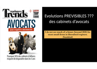 Evolutions	PREVISIBLES	???	
des	cabinets	d’avocats
I do not see much of a future (beyond 2020) for
most small ﬁrms in liberalised regimes.
(Susskind)
 