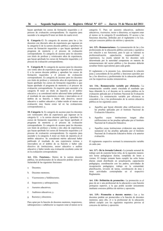 36 -- Segundo Suplemento -- Registro Oficial Nº 417 -- Jueves 31 de Marzo del 2011
hayan aprobado los cursos de formación requeridos y el
proceso de evaluación correspondiente. Es requisito para
ascender a la categoría D tener un título de cuarto nivel;
8. Categoría C: Es categoría de ascenso para las y los
docentes con dieciséis años de experiencia que ingresen en
la categoría G de la carrera docente pública y aprueben los
cursos de formación requeridos o que hayan aprobado el
programa de mentoría y el proceso de evaluación
correspondiente. Es categoría de ascenso para los docentes
con título de profesor y veinticuatro años de experiencia,
que hayan aprobado los cursos de formación requeridos y el
proceso de evaluación correspondiente;
9. Categoría B: Es categoría de ascenso para los docentes
con veinte años de experiencia que ingresen en la categoría
G a la carrera docente pública y aprueben los cursos de
formación requeridos y el proceso de evaluación
correspondiente. Es categoría de ascenso para los docentes
con título de profesor y veintiocho años de experiencia, que
hayan aprobado los cursos de formación requeridos o que
hayan aprobado el programa de mentoría y el proceso de
evaluación correspondiente. Es requisito para ascender a la
categoría B tener un título de maestría en el ámbito
educativo y se considerará mérito adicional haber publicado
el resultado de una experiencia exitosa e innovadora en el
ámbito de su función, o haber sido directivo, asesor
educativo o auditor educativo y haber tenido al menos una
evaluación muy buena como tal en las evaluaciones
correspondientes; y,
10. Categoría A: Es categoría de ascenso para los docentes
con veinticuatro años de experiencia que ingresen en la
categoría G a la carrera docente pública y aprueben los
cursos de formación requeridos o que hayan aprobado el
programa de mentoría y el proceso de evaluación
correspondiente. Es categoría de ascenso para los docentes
con título de profesor y treinta y dos años de experiencia,
que hayan aprobado los cursos de formación requeridos y el
proceso de evaluación correspondiente. Es requisito para
ascender a la categoría A tener un título de maestría en el
ámbito educativo. Se considerará mérito adicional haber
publicado el resultado de una experiencia exitosa e
innovadora en el ámbito de su función o haber sido
directivo de instituciones, asesor educativo o auditor
educativo y haber tenido una evaluación excelente como tal
en la evaluación correspondiente.
Art. 114.- Funciones.- Dentro de la carrera docente
pública, los profesionales de la educación podrán ejercer la
titularidad de las siguientes funciones:
a. Docentes;
b. Docentes mentores;
c. Vicerrectores y Subdirectores;
d. Inspectores y subinspectores;
e. Asesores educativos;
f. Auditores educativos; y,
g. Rectores y directores.
Para optar por la función de docentes mentores, inspectores,
subinspectores o subdirector se requiere estar al menos en la
categoría E. Para ser asesores educativos, auditores
educativos, vicerrector, rector o directores, se requiere estar
al menos en la categoría D escalafonaria. El acceso a las
funciones descritas, definidas por el reglamento a la Ley,
será por concurso público de méritos y oposición.
Art. 115.- Remuneraciones.- La remuneración de las y los
profesionales de la educación pública será justa y equitativa
con relación a sus funciones, para lo que se valorará su
profesionalización, capacitación, responsabilidad y
experiencia. La escala salarial de los docentes será
determinada por la autoridad competente en materia de
remuneraciones del sector público y los docentes deberán
acreditar títulos equivalentes para cada grado.
El reglamento a la presente Ley, determinará la relación
justa y concordante de los perfiles y funciones ejercidos por
las y los directivos y profesionales de la educación pública
con las respectivas escalas remunerativas.
Art. 116.- Remuneración variable por eficiencia.- La
remuneración variable estará vinculada al resultado que
haya obtenido la o el docente en la carrera pública en la
evaluación aplicada por el Instituto Nacional de Evaluación
Educativa. La remuneración variable por eficiencia se
concederá a las y los profesionales de la carrera educativa
pública en los siguientes casos:
a. Aquellos que hayan obtenido altas calificaciones en
las pruebas aplicadas por el Instituto Nacional de
Evaluación Educativa.
b. Aquellos cuyas instituciones tengan altas
calificaciones en las pruebas aplicadas por el Instituto
Nacional de Evaluación Educativa.
c. Aquellos cuyas instituciones evidencien una mejoría
sustancial en las pruebas aplicadas por el Instituto
Nacional de Evaluación Educativa frente a la anterior
evaluación.
El reglamento respectivo normará la remuneración variable
en cada caso.
Art. 117.- De la Jornada Laboral.- La jornada semanal de
trabajo será de cuarenta horas reloj, de la siguiente manera:
seis horas pedagógicas diarias, cumplidas de lunes a
viernes. El tiempo restante hasta cumplir las ocho horas
diarias estará distribuido en actualización, capacitación
pedagógica, coordinación con los padres, actividades de
recuperación pedagógica, trabajo en la comunidad,
planificación, revisión de tareas, coordinación de área y
otras actividades contempladas en el respectivo
Reglamento.
Art. 118.- Definición de promoción.- La promoción es el
paso de un o una profesional de la educación a una función
jerárquica superior, a la que podrá acceder únicamente
mediante concurso público de méritos y oposición.
Art. 119.- Promoción a docente mentor.- Las y los
docentes podrán ser promovidos a la función de docentes
mentores; para ello, el o la profesional de la educación
deberá cumplir con los siguientes requisitos previos al
concurso de méritos y oposición:
 