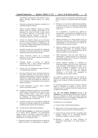 Segundo Suplemento -- Registro Oficial Nº 417 -- Jueves 31 de Marzo del 2011 -- 39
nacionalidad, discriminación racial, cultural o étnica,
género, ideología, adhesión política y/o creencia
religiosa;
s. Desacatar las disposiciones legítimas emanadas de la
Autoridad Educativa Nacional;
t. Utilizar de manera indebida o distraer los recursos
públicos según los informes ejecutoriados de los
organismos de control del Estado, o cobrar valores
por servicios educativos no autorizados por la
Autoridad Educativa Nacional o que no le
correspondiere hacerlo de acuerdo a sus funciones;
u. Vulnerar los derechos humanos de los educandos
previstos en la Constitución de la República, en esta
Ley, en el Código de la Niñez y la Adolescencia y en
los acuerdos y tratados internacionales de derechos de
las niñas, niños y adolescentes;
v. Incumplir o permitir que se incumplan las medidas de
protección de derechos dictadas por las autoridades
competentes para la protección de derecho;
w. Alterar documentos oficiales de la institución
educativa o de los órganos superiores del Sistema
Nacional de Educación;
x. Consignar durante el proceso de selección
información falsa, o haber ocultado información
relevante para la decisión del concurso;
y. Evaluar a los y las estudiantes en lugares distintos a
los establecimientos educativos;
z. Para otras infracciones que no estuvieren descritas en
los literales anteriores, pero que atenten contra los
derechos constitucionales y los previstos en tratados e
instrumentos internacionales vigentes, serán dados a
conocer a las juntas de resolución de conflictos las
cuales resolverán lo correspondiente al área educativa
basados en Derecho;
aa. Cometer infracciones de acoso, abuso, violencia
sexual u otros delitos sexuales;
bb. Incumplir la obligación de denunciar a las autoridades
jurisdiccionales correspondientes los casos de acoso,
abuso, violencia sexual u otros delitos sexuales
cometidos por funcionarios educativos en contra de
los estudiantes. La omisión injustificada de esta
obligación dará lugar a la destitución;
cc. Incumplir o permitir que se incumplan las medidas de
protección de derechos dictadas por las autoridades
competentes para la protección de derechos; y,
dd. Cometer fraude o deshonestidad académica.
Art. 133.- De las sanciones.- Las infracciones enumeradas
en el artículo anterior imputables a los representantes
legales, directivos y docentes se sancionarán, según su
gravedad, previo sumario administrativo, y siguiendo el
debido proceso, de la siguiente manera:
a. Suspensión temporal sin sueldo hasta por un máximo de
setenta (70) días si el establecimiento es público, a
quienes incurran en las infracciones determinadas desde
la letra ‘g’ hasta la ‘o' del artículo anterior de la presente
Ley;
b. Destitución, en el caso de los establecimientos públicos,
a quienes incurran en las infracciones determinadas
desde la letra ‘p’ hasta la ‘cc’ del artículo anterior de la
presente ley.
En el reglamento a la presente Ley, definirá los
procedimientos y mecanismos de exigibilidad a fin de
sancionar y erradicar todo tipo de delito sexual en
contra de los estudiantes;
c. Quienes reincidan en un mismo período lectivo en
infracciones sancionadas con multa, serán suspendidos
temporalmente en sus funciones por un período de
treinta (30) días sin derecho a sueldo;
d. Quienes reincidan en un mismo período lectivo en
infracciones sancionadas con suspensión temporal
serán sancionados con la remoción definitiva de sus
funciones mediante acción de personal;
e. Multa equivalente al diez por ciento (10%) de su
remuneración, a quienes incurran en las infracciones
determinadas desde la letra ‘a’ hasta la ‘f’ del artículo
anterior de la presente Ley; y,
f. Quienes hubieren reprobado la evaluación de
desempeño obligatorio por dos (2) veces consecutivas,
serán destituidos inmediatamente del cargo, con la
opción de reingresar al magisterio a través de los
concursos de méritos y oposición; o con opción de
jubilarse en el caso de cumplir los requisitos
necesarios, o de recibir una liquidación de
conformidad con la normativa vigente.
Las acciones y sanciones previstas en este artículo no
sustituyen ni limitan las acciones penales a que hubiere
lugar en caso de tratarse de hechos que pudieren constituir
delito.
La Autoridad competente del Sistema Educativo Nacional
tendrá la obligación de asegurar y proveer toda la
información que los organismos judiciales requirieren para
el impulso de las acciones.
Art. 134.- Del régimen disciplinario de las y los
estudiantes.- La Junta Distrital de Resolución de Conflictos
está en la obligación de aplicar las acciones educativas
disciplinarias para las y los estudiantes, dependiendo del
caso, tal como a continuación se enuncian:
Son faltas de las y los estudiantes:
a) Cometer fraude o deshonestidad académica;
b) Alterar la paz, la convivencia armónica e irrespetar los
Códigos de Convivencia de los Centros Educativos;
c) Cometer actos de violencia de hecho o de palabra contra
cualquier miembro de la comunidad educativa,
autoridades, ciudadanos y colectivos sociales;
d) Deteriorar o destruir en forma voluntaria las
instalaciones institucionales y los bienes públicos y
privados;
 