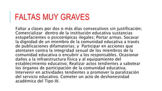 FALTAS MUY GRAVES
Faltar a clases por dos o más días consecutivos sin justificación;
Comercializar dentro de la institución educativa sustancias
estupefacientes o psicotrópicas ilegales; Portar armas. Socavar
la dignidad de un miembro de la comunidad educativa a través
de publicaciones difamatorias; y Participar en acciones que
atentaren contra la integridad sexual de los miembros de la
comunidad educativa o encubrir a los responsables. Ocasionar
daños a la infraestructura física y al equipamiento del
establecimiento educativo; Realizar actos tendientes a sabotear
los órganos de participación de la comunidad educativa;
Intervenir en actividades tendientes a promover la paralización
del servicio educativo. Cometer un acto de deshonestidad
académica del Tipo III.
 