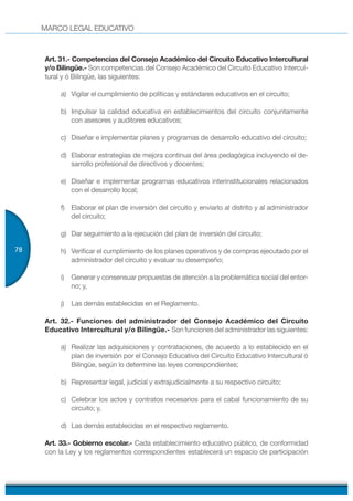 MARCO LEGAL EDUCATIVO
78
Art. 31.- Competencias del Consejo Académico del Circuito Educativo Intercultural
y/o Bilingüe.- Son competencias del Consejo Académico del Circuito Educativo Intercul-
tural y ó Bilingüe, las siguientes:
a) Vigilar el cumplimiento de políticas y estándares educativos en el circuito;
b) Impulsar la calidad educativa en establecimientos del circuito conjuntamente
con asesores y auditores educativos;
c) Diseñar e implementar planes y programas de desarrollo educativo del circuito;
d) Elaborar estrategias de mejora continua del área pedagógica incluyendo el de-
sarrollo profesional de directivos y docentes;
e) Diseñar e implementar programas educativos interinstitucionales relacionados
con el desarrollo local;
f) Elaborar el plan de inversión del circuito y enviarlo al distrito y al administrador
del circuito;
g) Dar seguimiento a la ejecución del plan de inversión del circuito;
h) Verificar el cumplimiento de los planes operativos y de compras ejecutado por el
administrador del circuito y evaluar su desempeño;
i) Generar y consensuar propuestas de atención a la problemática social del entor-
no; y,
j) Las demás establecidas en el Reglamento.
Art. 32.- Funciones del administrador del Consejo Académico del Circuito
Educativo Intercultural y/o Bilingüe.- Son funciones del administrador las siguientes:
a) Realizar las adquisiciones y contrataciones, de acuerdo a lo establecido en el
plan de inversión por el Consejo Educativo del Circuito Educativo Intercultural ó
Bilingüe, según lo determine las leyes correspondientes;
b) Representar legal, judicial y extrajudicialmente a su respectivo circuito;
c) Celebrar los actos y contratos necesarios para el cabal funcionamiento de su
circuito; y,
d) Las demás establecidas en el respectivo reglamento.
Art. 33.- Gobierno escolar.- Cada establecimiento educativo público, de conformidad
con la Ley y los reglamentos correspondientes establecerá un espacio de participación
 