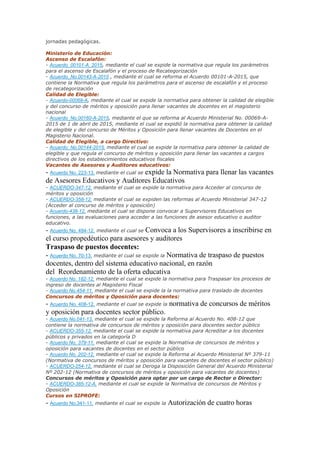 jornadas pedagógicas.
Ministerio de Educación:
Ascenso de Escalafón:
- Acuerdo_00101-A_2015, mediante el cual se expide la normativa que regula los parámetros
para el ascenso de Escalafón y el proceso de Recategorización
- Acuerdo_No.00143-A-2015 , mediante el cual se reforma el Acuerdo 00101-A-2015, que
contiene la Normativa que regula los parámetros para el ascenso de escalafón y el proceso
de recategorización
Calidad de Elegible:
- Acuerdo-00069-A, mediante el cual se expide la normativa para obtener la calidad de elegible
y del concurso de méritos y oposición para llenar vacantes de docentes en el magisterio
nacional
- Acuerdo_No.00160-A-2015, mediante el que se reforma al Acuerdo Ministerial No. 00069-A-
2015 de 1 de abril de 2015, mediante el cual se expidió la normativa para obtener la calidad
de elegible y del concurso de Méritos y Oposición para llenar vacantes de Docentes en el
Magisterio Nacional.
Calidad de Elegible, a cargo Directivo:
- Acuerdo_No.00144-2015, mediante el cual se expide la normativa para obtener la calidad de
elegible y que regula el concurso de méritos y oposición para llenar las vacantes a cargos
directivos de los establecimientos educativos fiscales
Vacantes de Asesores y Auditores educativos:
- Acuerdo No. 223-13, mediante el cual se expide la Normativa para llenar las vacantes
de Asesores Educativos y Auditores Educativos
- ACUERDO-347-12, mediante el cual se expide la normativa para Acceder al concurso de
méritos y oposición
- ACUERDO-358-12, mediante el cual se expiden las reformas al Acuerdo Ministerial 347-12
(Acceder al concurso de méritos y oposición)
- Acuerdo-438-12, mediante el cual se dispone convocar a Supervisores Educativos en
funciones, a las evaluaciones para acceder a las funciones de asesor educativo o auditor
educativo.
- Acuerdo No. 494-12, mediante el cual se Convoca a los Supervisores a inscribirse en
el curso propedéutico para asesores y auditores
Traspaso de puestos docentes:
- Acuerdo No. 70-13, mediante el cual se expide la Normativa de traspaso de puestos
docentes, dentro del sistema educativo nacional, en razón
del Reordenamiento de la oferta educativa
- Acuerdo No. 182-12, mediante el cual se expide la normativa para Traspasar los procesos de
ingreso de docentes al Magisterio Fiscal
- Acuerdo No.454-11, mediante el cual se expide la la normativa para traslado de docentes
Concursos de méritos y Oposición para docentes:
- Acuerdo No. 408-12, mediante el cual se expide la normativa de concursos de méritos
y oposición para docentes sector público.
- Acuerdo No.041-13, mediante el cual se expide la Reforma al Acuerdo No. 408-12 que
contiene la normativa de concursos de méritos y oposición para docentes sector público
- ACUERDO-355-12, mediante el cual se expide la normativa para Acreditar a los docentes
públicos y privados en la categoría D
- Acuerdo No. 379-11, mediante el cual se expide la Normativa de concursos de méritos y
oposición para vacantes de docentes en el sector público
- Acuerdo No. 202-12, mediante el cual se expide la Reforma al Acuerdo Ministerial Nº 379-11
(Normativa de concursos de méritos y oposición para vacantes de docentes el sector público)
- ACUERDO-254-12, mediante el cual se Deroga la Disposición General del Acuerdo Ministerial
Nº 202-12 (Normativa de concursos de méritos y oposición para vacantes de docentes)
Concursos de méritos y Oposición para optar por un cargo de Rector o Director:
- ACUERDO-385-12-A, mediante el cual se expide la Normativa de concursos de Méritos y
Oposición
Cursos en SIPROFE:
- Acuerdo No.341-11, mediante el cual se expide la Autorización de cuatro horas
 