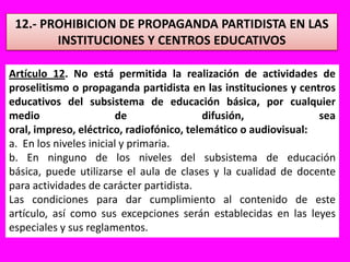 12.- PROHIBICION DE PROPAGANDA PARTIDISTA EN LAS INSTITUCIONES Y CENTROS EDUCATIVOSArtículo 12. No está permitida la realización de actividades de proselitismo o propaganda partidista en las instituciones y centros educativos del subsistema de educación básica, por cualquier medio de difusión, sea oral, impreso, eléctrico, radiofónico, telemático o audiovisual:a.  En los niveles inicial y primaria.b. En ninguno de los niveles del subsistema de educación básica, puede utilizarse el aula de clases y la cualidad de docente para actividades de carácter partidista.Las condiciones para dar cumplimiento al contenido de este artículo, así como sus excepciones serán establecidas en las leyes especiales y sus reglamentos.