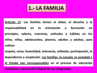 1.- LA FAMILIAArtículo 17. Las familias tienen el deber, el derecho y la responsabilidad en la orientación y formación en principios, valores, creencias, actitudes y hábitos en los niños, niñas, adolescentes, jóvenes, adultos y adultas, para cultivar respeto, amor, honestidad, tolerancia, reflexión, participación, independencia y aceptación. Las familias, la escuela, la sociedad y el Estado son corresponsables en el proceso de educación ciudadana y desarrollo integral de sus integrantes.