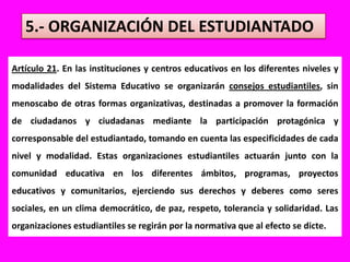 5.- ORGANIZACIÓN DEL ESTUDIANTADOArtículo 21. En las instituciones y centros educativos en los diferentes niveles y modalidades del Sistema Educativo se organizarán consejos estudiantiles, sin menoscabo de otras formas organizativas, destinadas a promover la formación de ciudadanos y ciudadanas mediante la participación protagónica y corresponsable del estudiantado, tomando en cuenta las especificidades de cada nivel y modalidad. Estas organizaciones estudiantiles actuarán junto con la comunidad educativa en los diferentes ámbitos, programas, proyectos educativos y comunitarios, ejerciendo sus derechos y deberes como seres sociales, en un clima democrático, de paz, respeto, tolerancia y solidaridad. Las organizaciones estudiantiles se regirán por la normativa que al efecto se dicte.