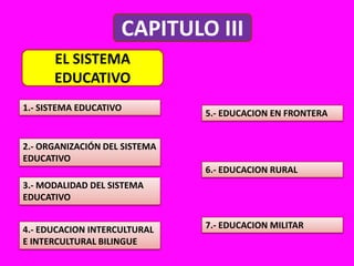 CAPITULO IIIEL SISTEMA EDUCATIVO1.- SISTEMA EDUCATIVO5.- EDUCACION EN FRONTERA2.- ORGANIZACIÓN DEL SISTEMA EDUCATIVO6.- EDUCACION RURAL3.- MODALIDAD DEL SISTEMA EDUCATIVO7.- EDUCACION MILITAR4.- EDUCACION INTERCULTURAL E INTERCULTURAL BILINGUE