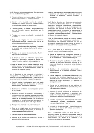 Página 6 de 39 Lexis S.A.: Documento digitalizado de la publicación original. Favor verificar con imagen.
Art. 5.- Derechos de las y los estudiantes.- Son derechos de
las y los estudiantes los siguientes:
a) Acceder, movilizarse, permanecer, egresar y titularse sin
discriminación conforme sus méritos académicos:
b) Acceder a una educación superior de calidad y
pertinente, que permita iniciar una carrera académica
y/o profesional en igualdad de oportunidades:
c) Contar y acceder a los medios y recursos adecuados
para su formación superior; garantizados por la
Constitución:
d) Participar en el proceso de evaluación y acreditación de
su carrera;
c) Elegir y ser elegido para las representaciones
estudiantiles e integrar el «¡gobierno, en el caso de las
universidades y escuelas politécnicas:
f) Ejercer la libertad de asociarse, expresarse y completar
su formación bajo la más amplia libertad de cátedra e
investigativa:
g) Participar en el proceso de construcción, difusión y
aplicación del conocimiento:
h) El derecho a recibir una educación superior laica.
intercultural, democrática, incluyente y diversa, que
impulse la equidad de género, la justicia y la paz: e.
i) Obtener de acuerdo con sus méritos académicos becas.
créditos y otras formas de apoyo económico que le
garantice igualdad de oportunidades en el proceso de
formación de educación superior.
Art. 6.- Derechos de los profesores o profesoras e
investigadores o investigadoras.- Son derechos de los
profesores o profesoras e investigadores o investigadoras de
conformidad con la Constitución y esta Ley los siguientes:
a) Ejercer la cátedra y la investigación bajo la más amplia
libertad sin ningún tipo de imposición o restricción
religiosa, política, partidista o de otra índole:
b) Contar con las condiciones necesarias para el ejercicio
de su actividad;
c) Acceder a la carrera de profesor e investigador y a
cargos directivos, que garantice estabilidad, promoción.
movilidad y retiro, basados en el mérito académico, en la
calidad de la enseñanza impartida, en la producción
investigativa, en el perfeccionamiento permanente, sin
admitir discriminación de género ni de ningún otro tipo;.
d) Participar en el sistema de evaluación institucional:
e) Elegir y ser elegido para las representaciones de
profesores/as. e integrar el cogobiemo, en el caso de las
universidades y escuelas politécnicas;
f) Ejercer la libertad de asociarse y expresarse;
g) Participar en el proceso de construcción, difusión y
aplicación del conocimiento; y,
h) Recibir una capacitación periódica acorde a su formación
profesional y la cátedra que imparta, que fomente e
incentive la superación personal académica y
pedagógica.
Art. 7.- De las Garantías para el ejercicio de derechos de
las personas con discapacidad.- Para las y los estudiantes.
profesores o profesoras, investigadores o investigadoras.
servidores y servidoras y las y los trabajadores con
discapacidad, los derechos enunciados en los artículos
precedentes incluyen el cumplimiento de la accesibilidad a
los servicios de interpretación y los apoyos técnicos
necesarios, que deberán ser de calidad y suficientes dentro
del Sistema de Educación Superior.
Todas las instituciones del Sistema de Educación Superior
garantizarán en sus instalaciones académicas y
administrativas, las condiciones necesarias para que las
personas con discapacidad no sean privadas del derecho a
desarrollar su actividad, potencialidades y habilidades.
Art. 8.- Serán Fines de la Educación Superior.- La
educación superior tendrá los siguientes fines:
a) Aportar al desarrollo del pensamiento universal, al
despliegue de la producción científica y a la promoción
de las transferencias e innovaciones tecnológicas:
b) Fortalecer en las y los estudiantes un espíritu reflexivo
orientado al logro de la autonomía personal, en un
marco de libertad de pensamiento y de pluralismo
ideológico;
c) Contribuir al conocimiento. preservación y
enriquecimiento de los saberes ancestrales y de la
cultura nacional;
d) Formar académicos y profesionales responsables, con
conciencia ética y solidaria, capaces de contribuir al
desarrollo de las instituciones de la República, a la
vigencia del orden democrático, y a estimular la
participación social:
e) Aportar con el cumplimiento de los objetivos del
régimen de desarrollo previsto en la Constitución y en el
Plan Nacional de Desarrollo:
f) Fomentar y ejecutar programas de investigación de
carácter científico, tecnológico y pedagógico que
coadyuven al mejoramiento y protección del ambiente y
promuevan el desarrollo sustentable nacional:
g) Constituir espacios para el fortalecimiento del Estado
Constitucional, soberano, independiente, unitario,
intercultural, plurinacional y laico: y.
h) Contribuir en el desarrollo local y nacional de manera
permanente, a través del trabajo comunitario o
extensión universitaria.
Art. 9.- La educación superior y el buen vivir.- La
educación superior es condición indispensable para la
construcción del derecho del buen vivir, en el marco de la
¡nterculturalidad, del respeto a la diversidad y la
convivencia armónica con la naturaleza.
 