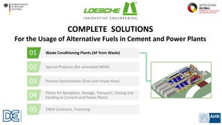 Waste Conditioning Plants (AF from Waste)
Special Products (for untreated MSW)
Process Optimization (End-User Know-How)
Plants for Reception, Storage, Transport, Dosing and
Feeding to Cement and Power Plants
O&M Contracts, Financing
01
05
04
03
02
COMPLETE SOLUTIONS
For the Usage of Alternative Fuels in Cement and Power Plants
 