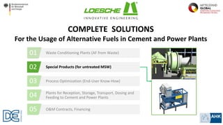 Waste Conditioning Plants (AF from Waste)
Special Products (for untreated MSW)
Process Optimization (End-User Know-How)
Plants for Reception, Storage, Transport, Dosing and
Feeding to Cement and Power Plants
O&M Contracts, Financing
01
05
04
03
COMPLETE SOLUTIONS
For the Usage of Alternative Fuels in Cement and Power Plants
02
 