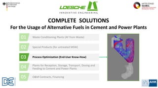 Waste Conditioning Plants (AF from Waste)
Special Products (for untreated MSW)
Process Optimization (End-User Know-How)
Plants for Reception, Storage, Transport, Dosing and
Feeding to Cement and Power Plants
O&M Contracts, Financing05
04
02
COMPLETE SOLUTIONS
For the Usage of Alternative Fuels in Cement and Power Plants
03
01
 