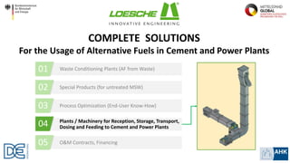 Waste Conditioning Plants (AF from Waste)
Special Products (for untreated MSW)
Process Optimization (End-User Know-How)
Plants / Machinery for Reception, Storage, Transport,
Dosing and Feeding to Cement and Power Plants
O&M Contracts, Financing05
03
02
COMPLETE SOLUTIONS
For the Usage of Alternative Fuels in Cement and Power Plants
04
01
 