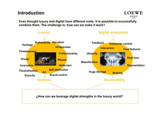 Introduction
Even thought luxury and digital have different roots, it is possible to successfully
combine them. The challenge is: how can we make it work?

                  Luxury                                          Digital ecosystem

             Authenticity Elevation
                        y                                 Feedback       Consumer control
  Heritage
                               Uniqueness                          Interaction        Cool features
Timelessness
                                  Craftsmanship       Ubiquity

 Dream                                                                                  Real time
                                 Rituals
                                                  Massification
Innovation                        Hedonism                                              Segmentation

Theatralisation           Self distinction
                    Art                                 Huge Storage        Sharing
    Scarcity               Brand control
               Distance                                              Accessibility



               ¿How can we leverage digital strengths in the luxury world?
 