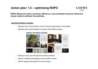 Action plan: 1.2 – optimising ROPO

ROPO (Research online, purchase offline) is a very extended consumer behaviour.
Loewe needs to address it proactively.


Important things to consider

     – Develop more “call to actions“ for the “book an appointment” functionality
                     call actions              book    appointment
     – Develop more content related to Loewe´s Peter Marino stores

                    Example: “The Homes” by Dunhill




     – Develop a more user friendly list of stores locations
     – S
       Special marketing campaigns t d i t ffi t stores
           i l    k ti        i    to drive traffic to t
     – Search engines optimisation for store location
 