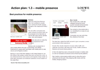 Action plan: 1.3 – mobile presence

Best practices for mobile presence:




 Source: http://www.luxurydaily.com
 
