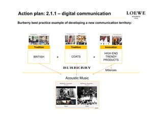 Action plan: 2.1.1 – digital communication
Burberry best practice example of developing a new communication territory:




          Tradition                Tradition             Innovation

                                                         HIGH END
          BRITISH        +         COATS         +        TRENDY
                                                        PRODUCTS


                                                         Millenials


                               Acoustic Music
 