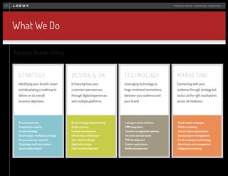 STRATEGY DESIGN TECHNOLOGY MARKETING

What We Do
Advance Brands Online

STRATEGY

DESIGN & UX

TECHNOLOGY

MARKETING

Identifying your brand’s vision

Enhancing how your

Leveraging technology to

Connecting with your

and developing a roadmap to

customers perceive you

forge emotional connections

audience through strategy led

deliver on its overall

through digital experiences

between your audience and

tactics at the right touchpoints

business objectives.

and multiple platforms.

your brand.

across all mediums.

Brand assessment

Brand strategy and positioning

Lead generation solutions

Social media campaigns

Competitive analysis

Design systems

CRM integration

Mobile marketing

Content strategy

Content development

Content management systems

Search engine optimization

Search engine marketing strategy

Information architecture

Intranets and extranets

Social program management

Persona and user research

User interface design

PHP development

Email campaigns and strategy

Technology audit and analysis

Application design

Custom applications

Advertising and management

Social media analysis

Front-end development

Mobile development

Integrated marketing

 