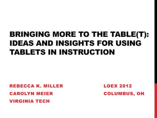BRINGING MORE TO THE TABLE(T):
IDEAS AND INSIGHTS FOR USING
TABLETS IN INSTRUCTION



REBECCA K. MILLER   LOEX 2012
CAROLYN MEIER       COLUMBUS, OH
VIRGINIA TECH
 