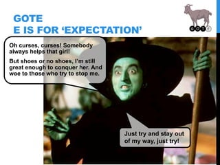 GOTE
E IS FOR ‘EXPECTATION’
Oh curses, curses! Somebody
always helps that girl!
But shoes or no shoes, I’m still
great eno...