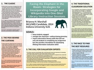 1. THE CLASSIC                                                      Facing the Elephant in the                                                                            4. THE TRADITIONAL
                                                                       Room: Strategies for                                                                               CLASSROOM SOLUTION
• Divide class into groups and assign them each
  one library resource along with Wikipedia and


                                                                    Incorporating Google and
  Google. (Each group should be researching a
  different library resource than their peers.)                                                                                                                           • As an icebreaker, show students an infographic
• Groups search each resource for information on                                                                                                                            (like “Get More Out of Google” or “Wikipedia:


                                                                     Wikipedia into One-Shot
  a topic specified by the library instructor.                                                                                                                              Redefining Research” or “15 Interesting Facts
• Groups present their search findings to the                                                                                                                               about Wikipedia”). These visuals are good ways
  class. Ask students to discuss the results they                                                                                                                           to get students’ attention, engage them in critical

                                                                   Library Instruction Sessions
  found using each resource. What problems did                                                                                                                              thinking, and prompt discussion.
  they come across? What source(s) were the                                                                                                                               • Another idea for an icebreaker: use
  most effective?                                                                                                                                                           PollEverywhere to see how students currently
                                                                                                                                                                            use Google, Wikipedia, and library resources.
PRO-TIP: Make sure students are effectively briefed and                                                                                                                     Use responses as a lead-in to discussion.
de-briefed for maximum effectiveness. For instance:
many students suspected me of trying to trick them           Brianna H. Marshall                                                                                          • The same idea behind “The Peek Behind the
                                                                                                                                                                            Curtains” can be applied in this setting: brief

                                                             MLS/MIS Candidate, 2014
when I proposed this activity, so reassure them that each
                                                                                                                                                                            lecture by instructor, group work, then
resource has uses in the research process and that you
                                                                                                                                                                            concluding the session with groups sharing their
want to explore their findings without judgment. During
their presentations the instructor can help guide
discussion.                                                  Indiana University SLIS                                                                                        ideas.

                                                                                                                                                                          PRO-TIP: When students can’t hide behind computers, I
works best for: Any discipline, especially a general                                                                                                                      find that they’re much more likely to share their opinions.


                                                             GOALS:
course like communications or public speaking.                                                                                                                            Take advantage of this opportunity to reconnect with the
                                                                                                                                                                          different ways students approach sources of information.


                                                                          keep students engaged                                                                          works best for: Instructors who are comfortable engaging
                                                                                                                                                                          informally with students, not following a script, and seeing

                                                                          energize the classroom—without being gimmicky                                                  where student opinion (which may be unfavorable of

2. THE PEEK BEHIND                                                        impart information literacy skills that will not
                                                                                                                                                                          library resources!) takes the discussion.




THE CURTAINS                                                               only aid students in completing any assignment
                                                                           but also provide a foundation for developing
• Library instructor spends the first 15 minutes of
  class leading a brief discussion on the nuts and                         lifelong information evaluation skills!
                                                                                                                                                                          5. THE RACE TO FIND
  bolts of how information is aggregated in search
  engines, wikis, and library databases.
                                                                                                                                                                          THE BEST RESOURCE
• Students are divided into small groups.
• Each group should develop a creative list of
  topics best researched using each type of
                                                             3. THE CALL FOR EVALUATION EXPERTS                                                                           • Requires a little pre-planning—instructor should
                                                                                                                                                                            compile handouts with questions ahead of time.
  resource as well as potential audiences for                                                                                                                               They can be true/false or open-ended, with the
                                                             • The library instructor should begin with a brief discussion about the importance of evaluating
  each. Tell them you expect and applaud                                                                                                                                    answers ranging in difficulty.
                                                               information (either interactive and inviting student opinion or solo)
  creativity in addition to accuracy.                                                                                                                                     • Students collaborate in small groups (3 is
                                                             • As you talk, write the key concepts you’re covering on the board or projected onto a screen the
• Groups present their findings to the class. The                                                                                                                           optimal) to answer the questions.
                                                               students can view (e.g., authority, bias, appropriateness, etc.)
  group with the most accurate and creative list                                                                                                                          • Prizes available to the winning team (extra credit,
                                                             • Divide the class into groups. Students look at results of sample searches in Google, Wikipedia,
  wins.                                                                                                                                                                     library swag) make for a good motivator; without
                                                               and a library resource and come up with a general plan or checklist that could be used by anyone
                                                                                                                                                                            them it can be a challenge to entice participation
                                                               to evaluate each source of information.
PRO-TIP: Don’t overwhelm the students with too much
                                                             • Encourage groups to brainstorm and think both creatively and critically.                                   PRO-TIP: This basic activity is very customizable… so get
information on how the resources work. Give them the
basics, and let them take it from there. They’ll ask         • Discuss their findings; as with the other activities, a winning group can be chosen.                       creative!
questions.
                                                             PRO-TIP: When I conveyed to students that they were the experts because they already evaluated information   works best for: Instruction sessions that are tied closely to
works best for: Classes where the instruction session is a   every single day, they seemed much more engaged. All it takes is a confidence boost from the instructor!     assignments; the questions can be tailored to fit
basic introduction to research and doesn’t have a                                                                                                                         discipline-specific resources. It is also effective for quieter
corresponding essay or assignment.                           works best for: Boisterous and/or competitive groups!                                                        classes.
 