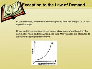 Exception to the Law of Demand
In certain cases, the demand curve slopes up from left to right, i.e., it has
a positive slope.
Under certain circumstances, consumers buy more when the price of a
commodity rises, and less when price falls. Many causes are attributed to
an upward sloping demand curve.
 