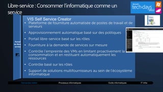 Libre-service : Consommer l’informatique comme un
service
       • Plateforme de fourniture automatisée de postes de travail et de
         serveurs
       • Approvisionnement automatique basé sur des politiques
       • Portail libre-service basé sur les rôles
       • Fourniture à la demande de services sur mesure
       • Contrôle l’empreinte des VMs en limitant proactivement la
         consommation et en restituant automatiquement les
         ressources
       • Contrôle basé sur les rôles
       • Support de solutions multifournisseurs au sein de l’écosystème
         informatique
 