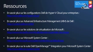 Ressources
• En savoir plus sur les configurations Dell de Hyper-V Cloud pour entreprises :
  http://www.dell.com/hypervcloud

• En savoir plus sur Advanced Infrastructure Management (AIM) de Dell :
  http://content.dell.com/AIM

• En savoir plus sur les solutions de virtualisation de Microsoft :
  http://www.microsoft.com/virtualization/en/us/private-cloud.aspx

• En savoir plus sur Microsoft System Center :
  http://www.microsoft.com/systemcenter/en/us/default.aspx

• En savoir plus sur la suite Dell OpenManage™ Integration pour Microsoft System Center :
  http://www.dell.com/systemcenter
 