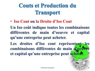 • Iso Cout ou la Droite d’Iso Cout
Un Iso coût indique toutes les combinaisons
différentes de main d’oeuvre et capital
qu’une entreprise peut acheter.
Les droites d’Iso cout représentent les
combinaisons différentes de main d’oeuvre
et capital qu’une entreprise peut acheter.
L'offre des transports 16
 