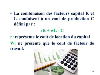 • La combinaison des facteurs capital K et
L conduisent à un cout de production C
défini par :
rK + wL= C
r :représente le cout de location du capital
W: ne présente que le cout de facteur de
travail.
L'offre des transports 18
 