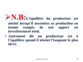 N.B:L’équilibre du producteur est
atteint lorsqu’il maximise sa production en
tenant compte de son apport ou
investissement total.
• Autrement dit un producteur est à
l’équilibre quand il atteint l’isoquant le plus
élevé.
L'offre des transports 20
 