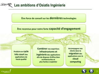 Les ambitions d’Osiatis Ingénierie


        Être force de conseil sur les dernières technologies



   Être reconnus pour notre forte capacité d’engagement




                       Combiner nos expertises          Accompagner nos
Produire en cycle                                        clients dans la
                         infrastructures et
très court des        ingénierie des applications       migration des
 applications de                                       applications vers le
                      afin de disposer d’offres bien
  haute qualité              architecturées et             cloud
                          plus faciles à exploiter       computing


                                                                              |8
 
