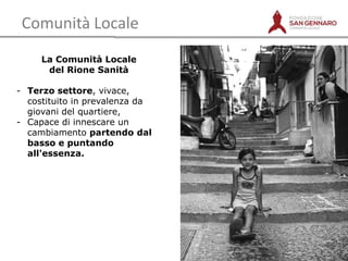 Comunità Locale
La Comunità Locale
del Rione Sanità
- Terzo settore, vivace,
costituito in prevalenza da
giovani del quartiere,
- Capace di innescare un
cambiamento partendo dal
basso e puntando
all'essenza.

 