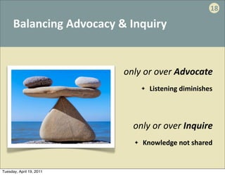18

      Balancing	
  Advocacy	
  &	
  Inquiry


                                only	
  or	
  over	
  Advocate
                                       ✦   Listening	
  diminishes




                                   only	
  or	
  over	
  Inquire
                                   ✦   Knowledge	
  not	
  shared


Tuesday, April 19, 2011
 