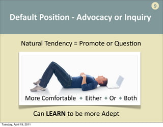 9

      Default	
  Posi:on	
  -­‐	
  Advocacy	
  or	
  Inquiry

               Natural	
  Tendency	
  =	
  Promote	
  or	
  Ques'on




                  More	
  Comfortable	
  	
  	
  	
  	
  	
  Either	
  	
  	
  	
  	
  Or	
  	
  	
  	
  	
  Both

                          Can	
  LEARN	
  to	
  be	
  more	
  Adept	
  
Tuesday, April 19, 2011
 