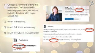 1)  Visit a connection’s proﬁle.
2)  Click the number of
connections they have.
3)  Click the magnifying glass.
4)  Search for potential referrals by
job title or company.
 