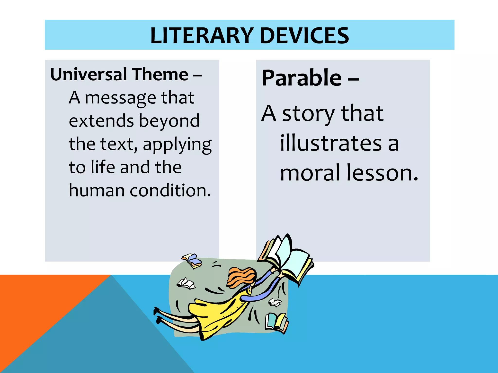 LITERARY DEVICES
Universal Theme –      Parable –
  A message that
  extends beyond       A story that
  the text, applying     illustrates a
  to life and the        moral lesson.
  human condition.
 