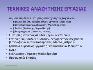 • Δθμοςιευμζνεσ ευκαιρίεσ απαςχόλθςθσ (αγγελίεσ)
     –   Εφθμερίδεσ (ΧΕ, Τα Νζα, Ζκνοσ, Εργαςία Τώρα, κλπ)
     –   Επαγγελματικά Περιοδικά (π.χ. Marketing week)
     –   job sites (Kariera.gr, Skywalker.gr)
     –   job aggregators (careerjet, indeed)
• Ευκαιρίεσ καριζρασ ςε sites μεγάλων εταιριών
• Εταιρίεσ Συμβοφλων & ιςτοςελίδεσ/θλεκτρονικζσ βάςεισ
  βιογραφικών αυτών (manpower, adecco, justjobs)
• Γραφεία Ευρζςεωσ Εργαςίασ Εκπαιδευτικών Ιδρυμάτων
• ΟΑΕΔ
• Εκδθλώςεισ / Θμζρεσ Σταδιοδρομίασ
• Προςωπικζσ Επαφζσ

ΓΕΩΡΓΙΟΥ ΝΑΝΤΙΝ
 