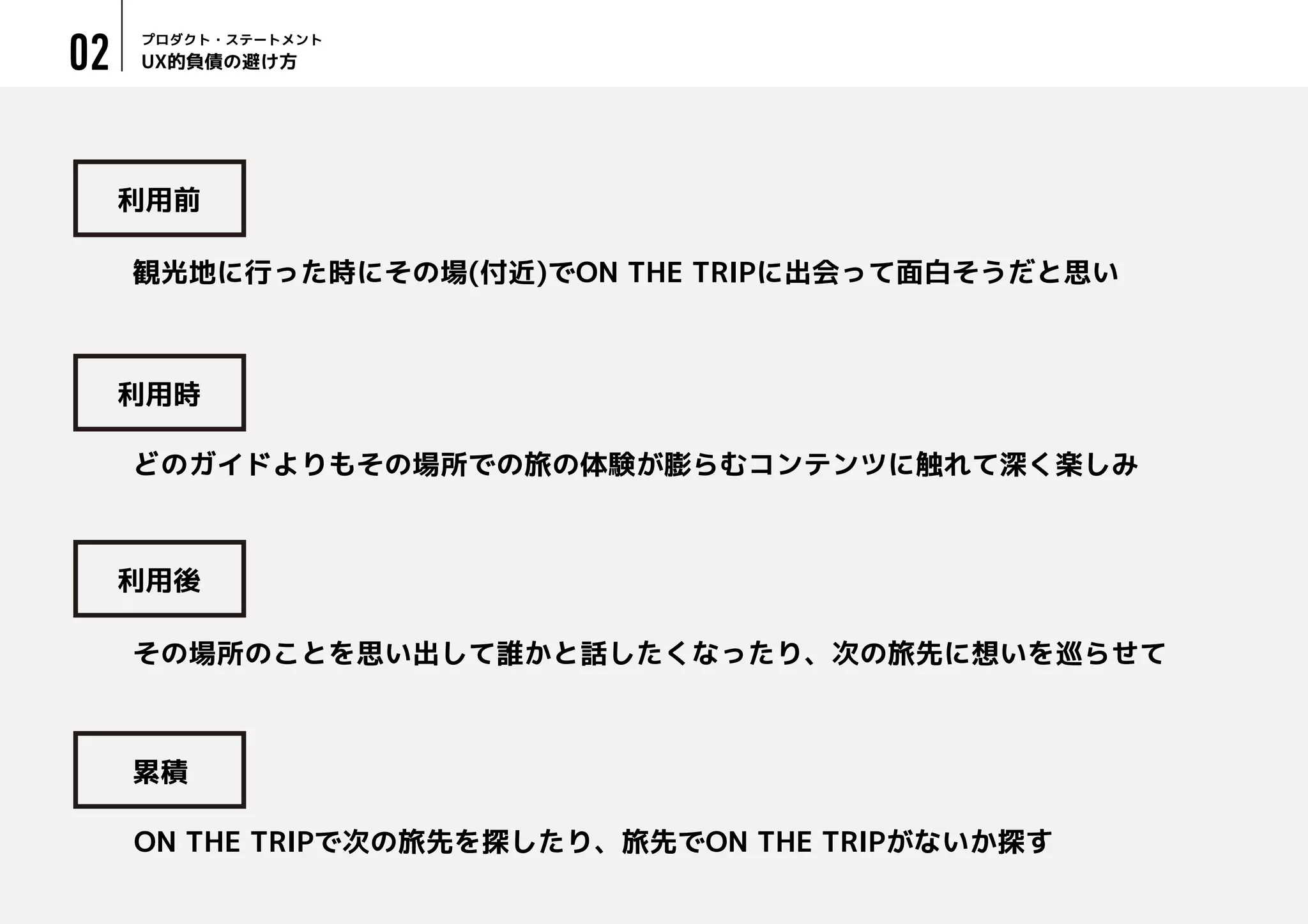 UX的負債の避け方
プロダクト・ステートメント
02
利用前
利用時
利用後
累積
観光地に行った時にその場(付近)でON THE TRIPに出会って面白そうだと思い
どのガイドよりもその場所での旅の体験が膨らむコンテンツに触れて深く楽しみ
その場所のことを思い出して誰かと話したくなったり、次の旅先に想いを巡らせて
ON THE TRIPで次の旅先を探したり、旅先でON THE TRIPがないか探す
 