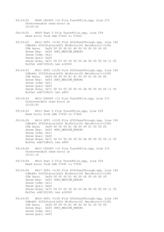09:14:02 #408 CDCOPY -12 File TrackPFile.cpp, Line 271 
Unrecoverable read error at 
12:50.52 
09:14:02 #409 Text 0 File TrackPFile.cpp, Line 259 
Read error from LBA 57652 to 57652 
09:14:02 #410 SPTI -1128 File SCSIPassThrough.cpp, Line 196 
CdRom0: SCSIStatus(x02) WinError(0) NeroError(-1128) 
CDB Data: 0x28 00 00 00 E1 40 00 00 20 00 00 00 
Sense Key: 0x03 (KEY_MEDIUM_ERROR) 
Sense Code: 0x11 
Sense Qual: 0x05 
Sense Area: 0x71 00 03 00 00 00 00 0A 00 00 00 00 11 05 
Buffer x0b7100c0: Len x10000 
09:14:03 #411 SPTI -1128 File SCSIPassThrough.cpp, Line 196 
CdRom0: SCSIStatus(x02) WinError(0) NeroError(-1128) 
CDB Data: 0x28 00 00 00 E1 41 00 00 01 00 00 00 
Sense Key: 0x03 (KEY_MEDIUM_ERROR) 
Sense Code: 0x11 
Sense Qual: 0x05 
Sense Area: 0x71 00 03 00 00 00 00 0A 00 00 00 00 11 05 
Buffer x0b7108c0: Len x800 
09:14:03 #412 CDCOPY -12 File TrackPFile.cpp, Line 271 
Unrecoverable read error at 
12:50.65 
09:14:03 #413 Text 0 File TrackPFile.cpp, Line 259 
Read error from LBA 57665 to 57665 
09:14:04 #414 SPTI -1128 File SCSIPassThrough.cpp, Line 196 
CdRom0: SCSIStatus(x02) WinError(0) NeroError(-1128) 
CDB Data: 0x28 00 00 00 E1 5B 00 00 01 00 00 00 
Sense Key: 0x03 (KEY_MEDIUM_ERROR) 
Sense Code: 0x11 
Sense Qual: 0x05 
Sense Area: 0x71 00 03 00 00 00 00 0A 00 00 00 00 11 05 
Buffer x0b71d8c0: Len x800 
09:14:04 #415 CDCOPY -12 File TrackPFile.cpp, Line 271 
Unrecoverable read error at 
12:51.16 
09:14:04 #416 Text 0 File TrackPFile.cpp, Line 259 
Read error from LBA 57691 to 57691 
09:14:04 #417 SPTI -1128 File SCSIPassThrough.cpp, Line 196 
CdRom0: SCSIStatus(x02) WinError(0) NeroError(-1128) 
CDB Data: 0x28 00 00 00 E1 60 00 00 20 00 00 00 
Sense Key: 0x03 (KEY_MEDIUM_ERROR) 
Sense Code: 0x11 
Sense Qual: 0x05 
Sense Area: 0x71 00 03 00 00 00 00 0A 00 00 00 00 11 05 
Buffer x0b720100: Len x10000 
09:14:05 #418 SPTI -1128 File SCSIPassThrough.cpp, Line 196 
CdRom0: SCSIStatus(x02) WinError(0) NeroError(-1128) 
CDB Data: 0x28 00 00 00 E1 68 00 00 01 00 00 00 
Sense Key: 0x03 (KEY_MEDIUM_ERROR) 
Sense Code: 0x11 
Sense Qual: 0x05 
 